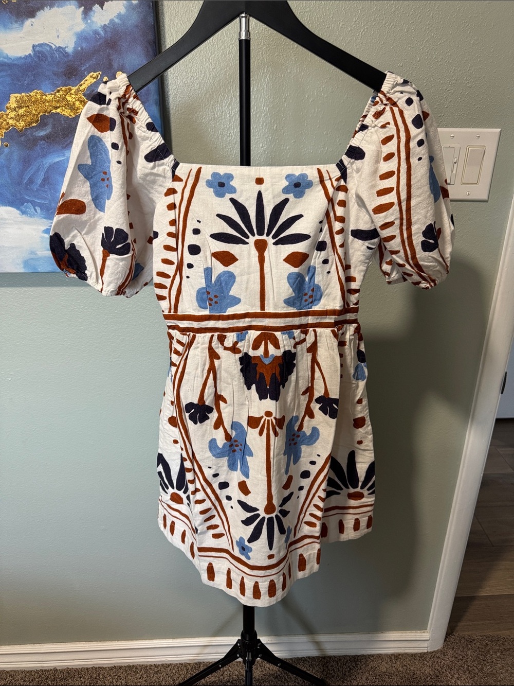 Cleobella White Mini Dress with Blue and Brown Floral Embroidery